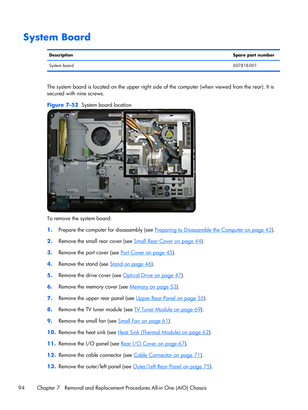 HP 6000 Pro manual System Board, Description Spare part number System board 607818-001 