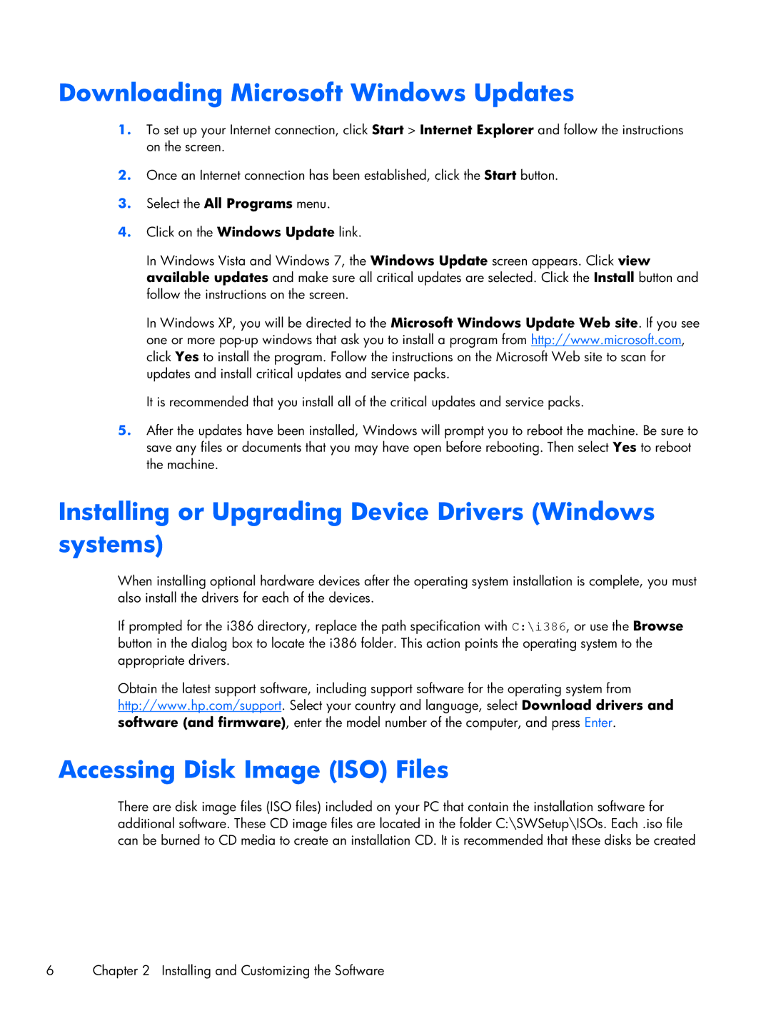 HP 6000 Pro manual Downloading Microsoft Windows Updates, Installing or Upgrading Device Drivers Windows systems 