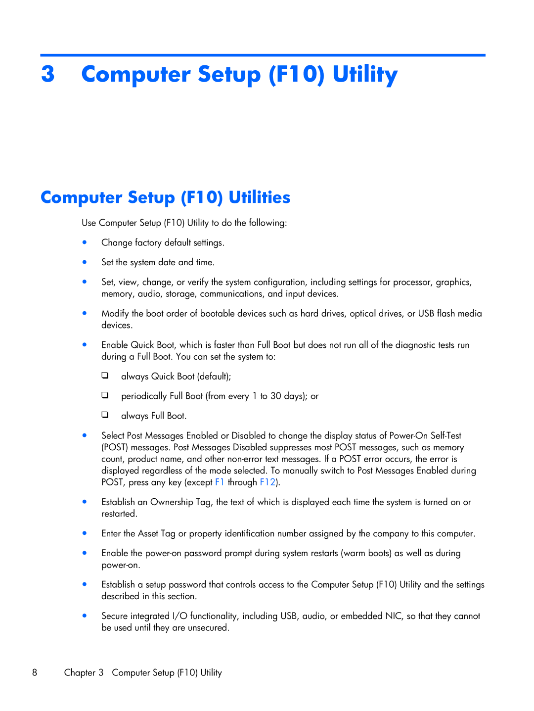 HP 6000 Pro manual Computer Setup F10 Utility, Computer Setup F10 Utilities 