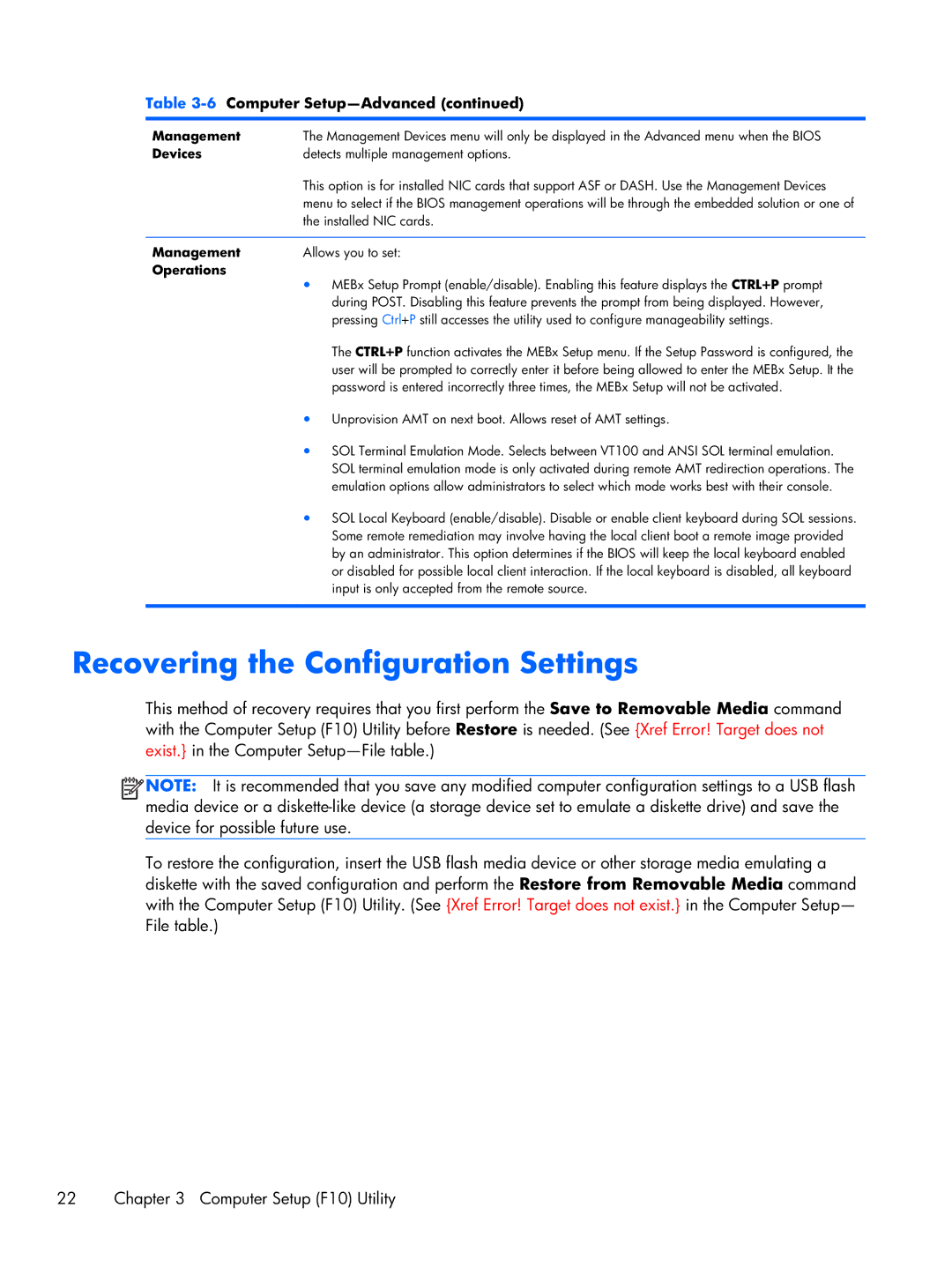 HP 6000 Pro manual Recovering the Configuration Settings, Devices, Operations 