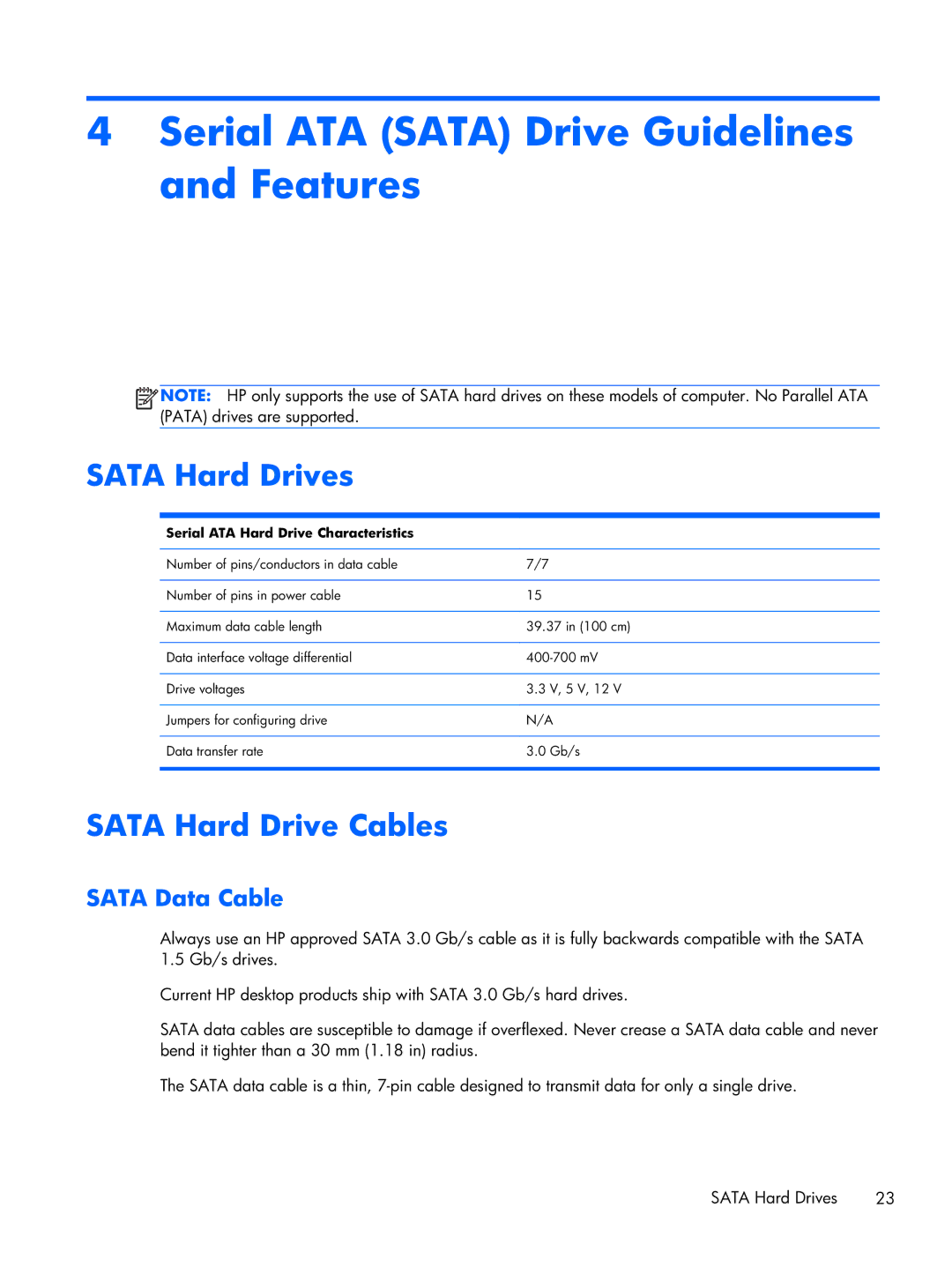 HP 6000 Pro manual Serial ATA Sata Drive Guidelines and Features, Sata Hard Drives, Sata Hard Drive Cables, Sata Data Cable 