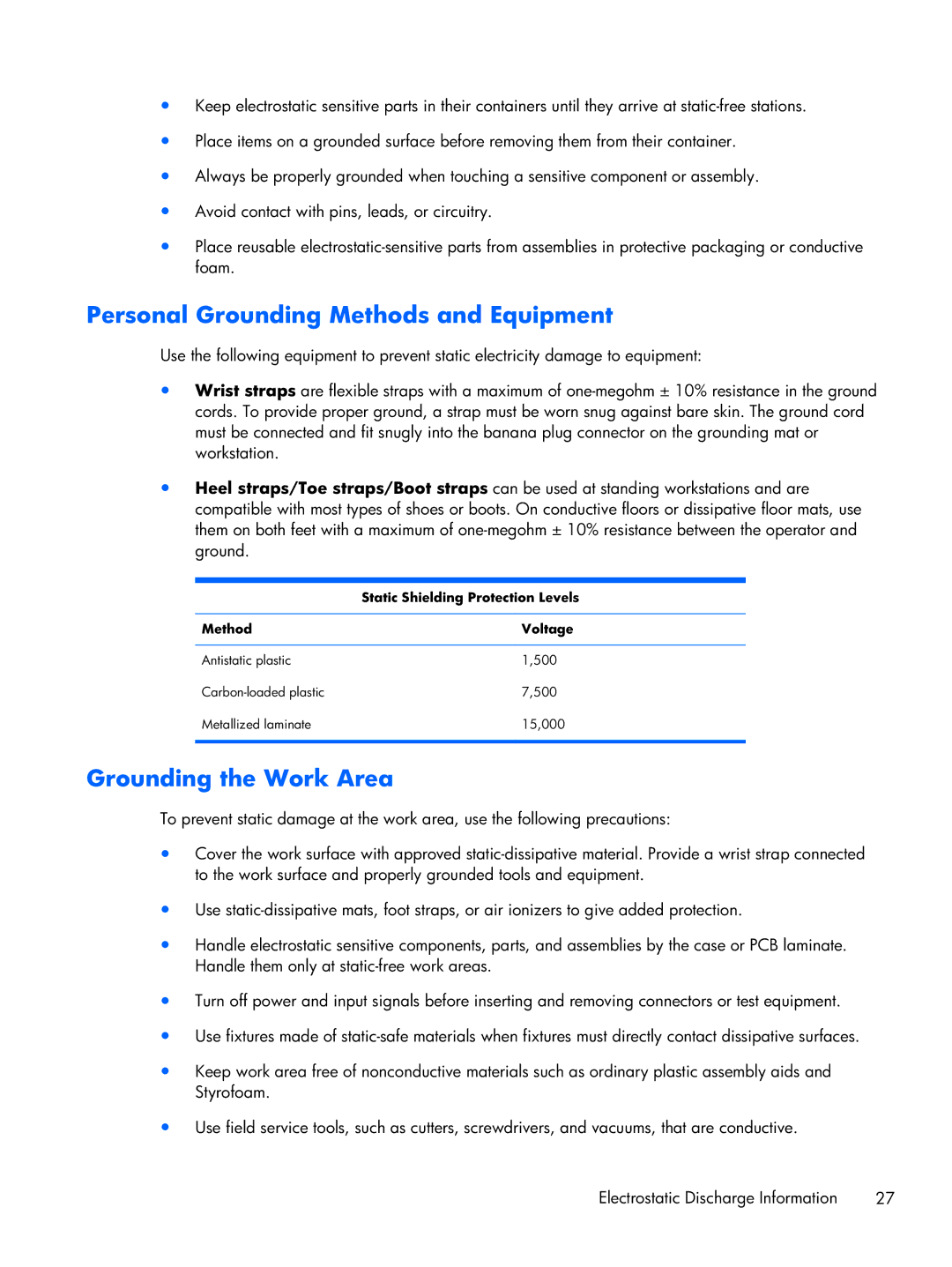 HP 6000 Pro manual Personal Grounding Methods and Equipment, Grounding the Work Area, Static Shielding Protection Levels 