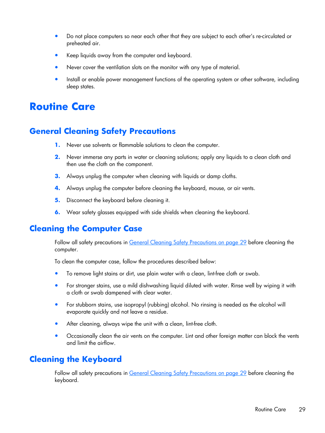 HP 6000 Pro manual Routine Care, General Cleaning Safety Precautions, Cleaning the Computer Case, Cleaning the Keyboard 