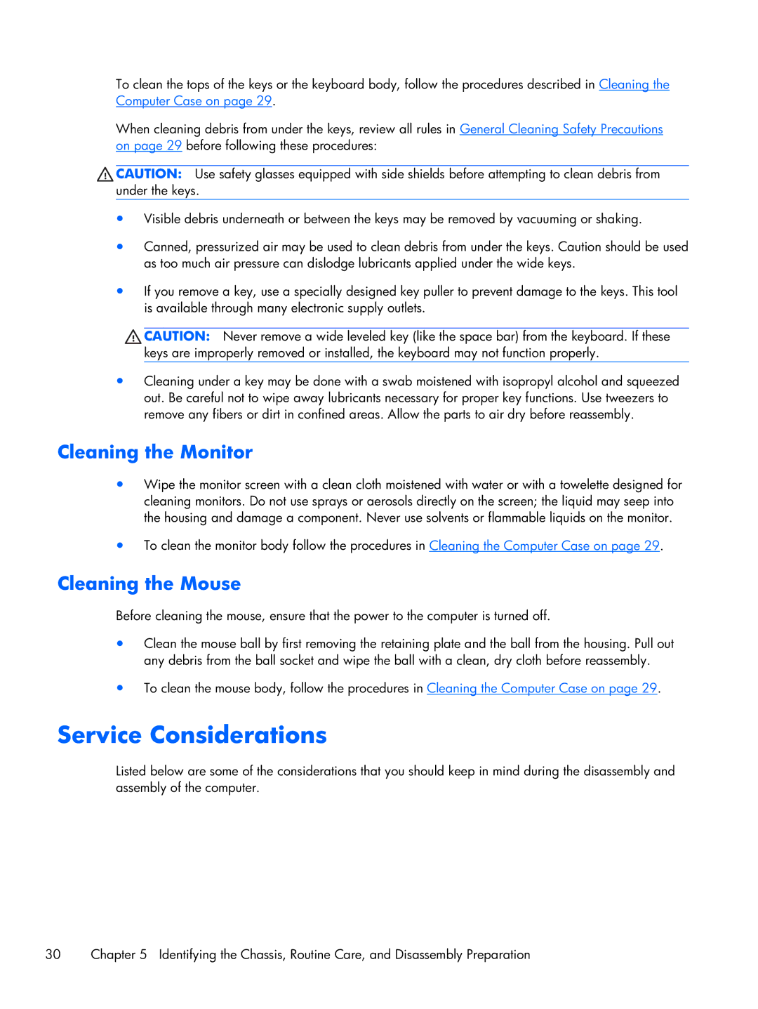 HP 6000 Pro manual Service Considerations, Cleaning the Monitor, Cleaning the Mouse 