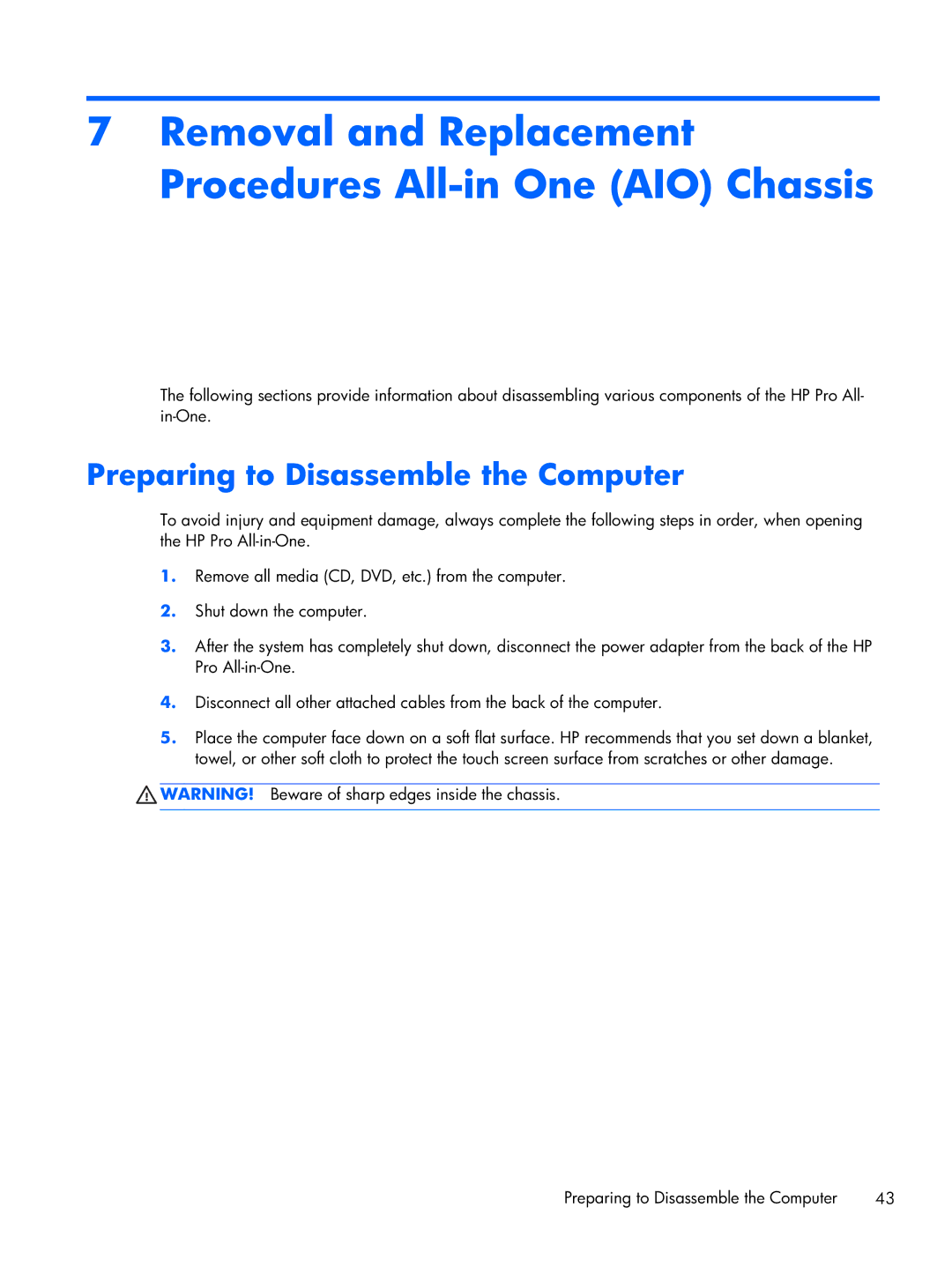 HP 6000 Pro manual Removal and Replacement Procedures All-in One AIO Chassis, Preparing to Disassemble the Computer 