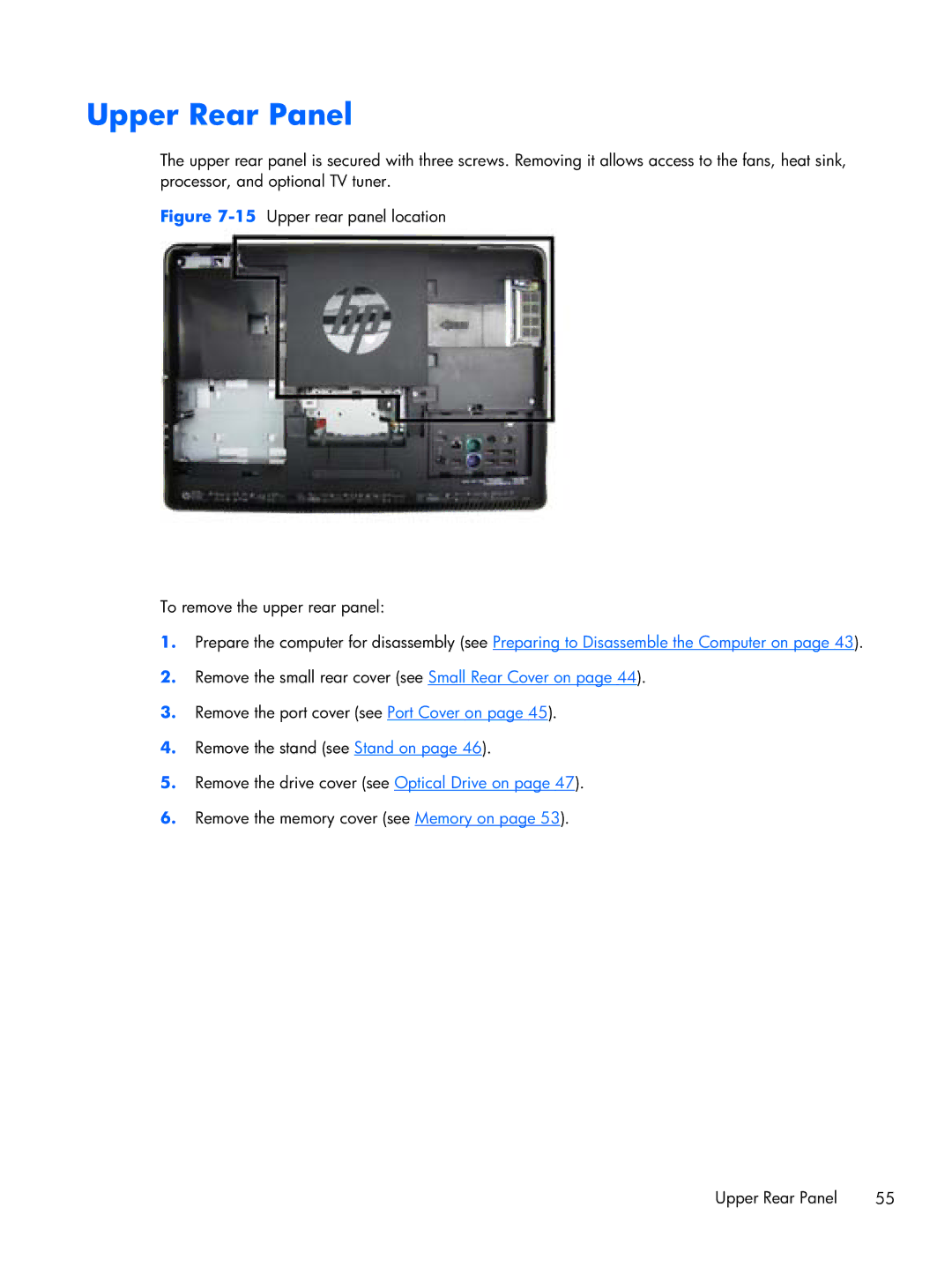 HP 6000 Pro manual Upper Rear Panel, 15Upper rear panel location To remove the upper rear panel 