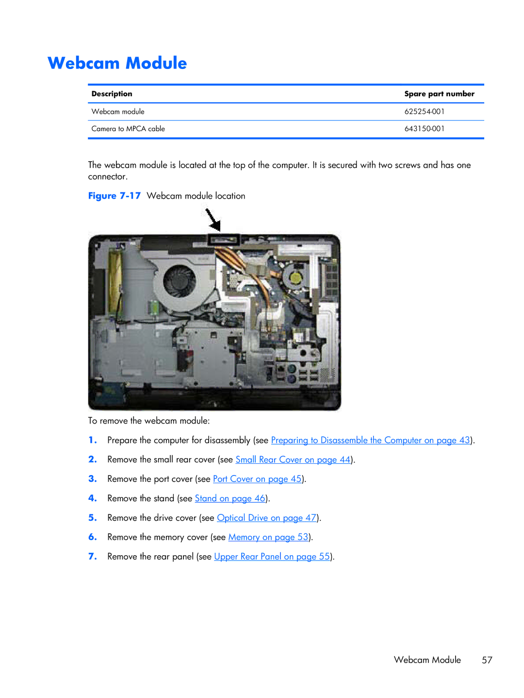 HP 6000 Pro manual Webcam Module, 17Webcam module location To remove the webcam module 