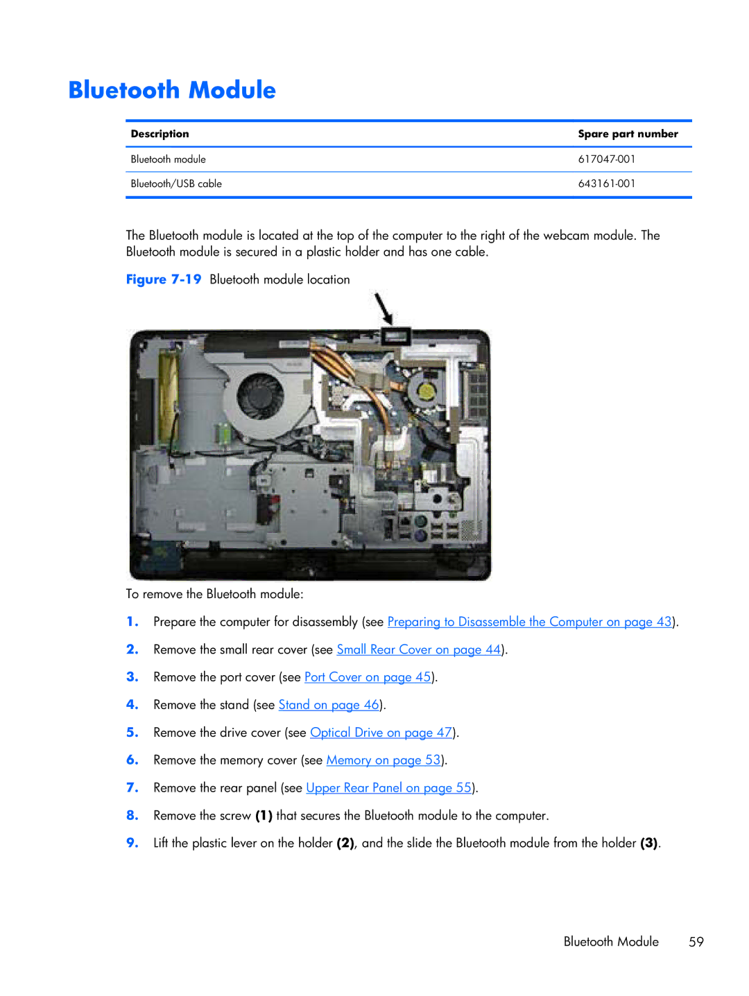 HP 6000 Pro manual Bluetooth Module, 19Bluetooth module location To remove the Bluetooth module 