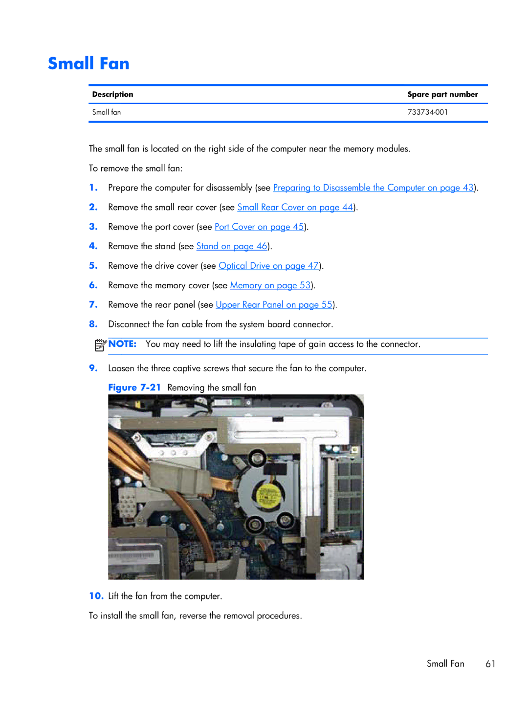HP 6000 Pro manual Small Fan, Description Spare part number Small fan 733734-001 