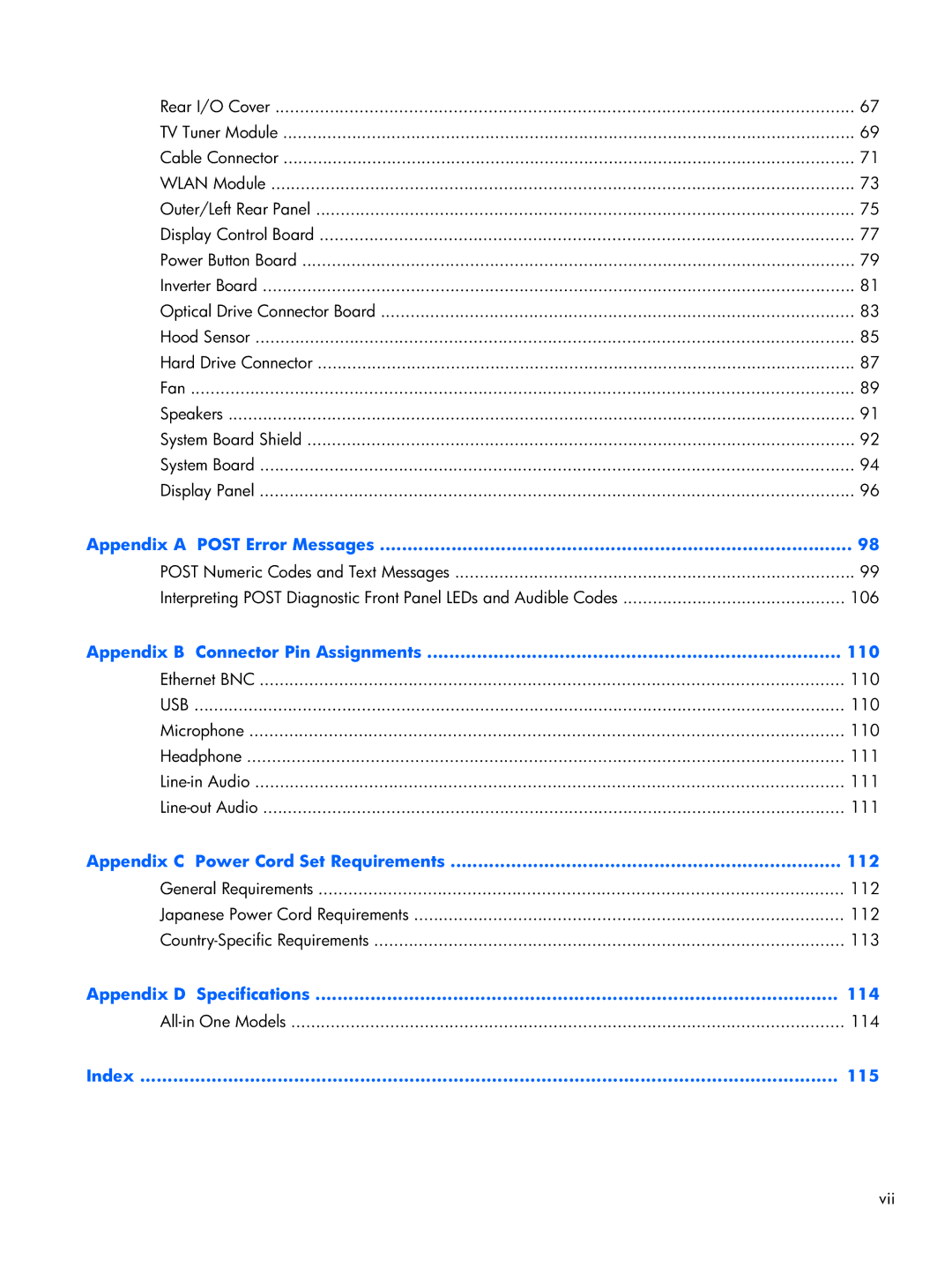 HP 6000 Pro manual Appendix B Connector Pin Assignments 110 