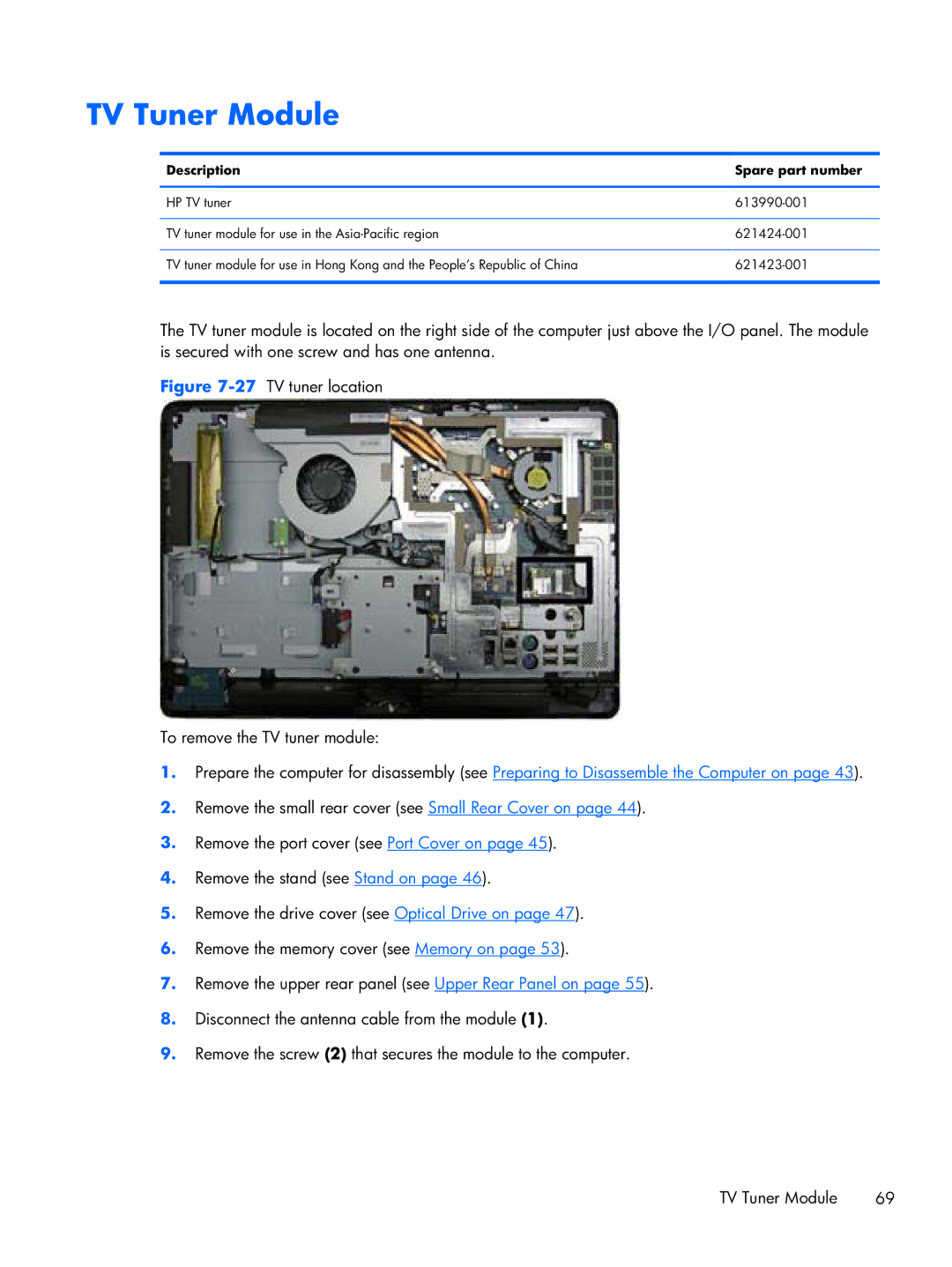 HP 6000 Pro manual TV Tuner Module, 27TV tuner location To remove the TV tuner module 