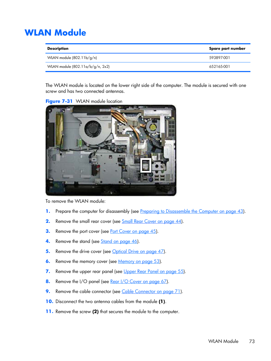 HP 6000 Pro manual Wlan Module, 31WLAN module location To remove the Wlan module 