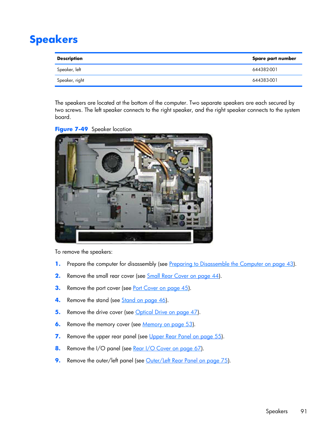 HP 6000 Pro manual Speakers, 49Speaker location To remove the speakers 