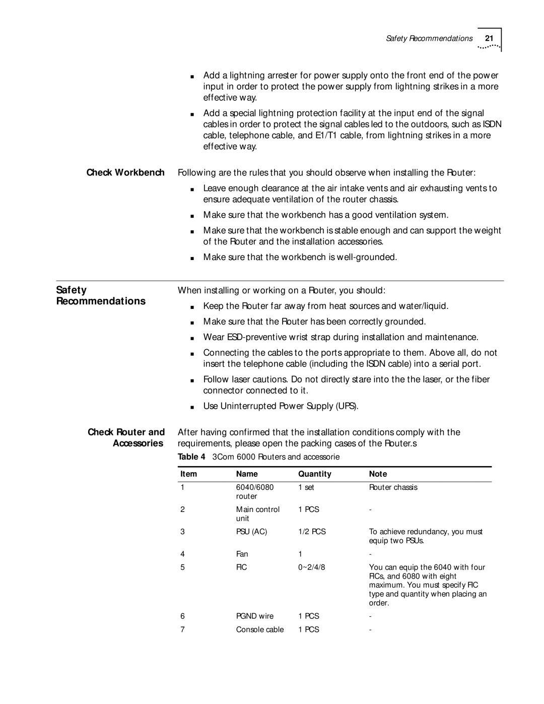 HP manual Safety Recommendations, Check Router Accessories, 3Com 6000 Routers and accessorie, Name Quantity 