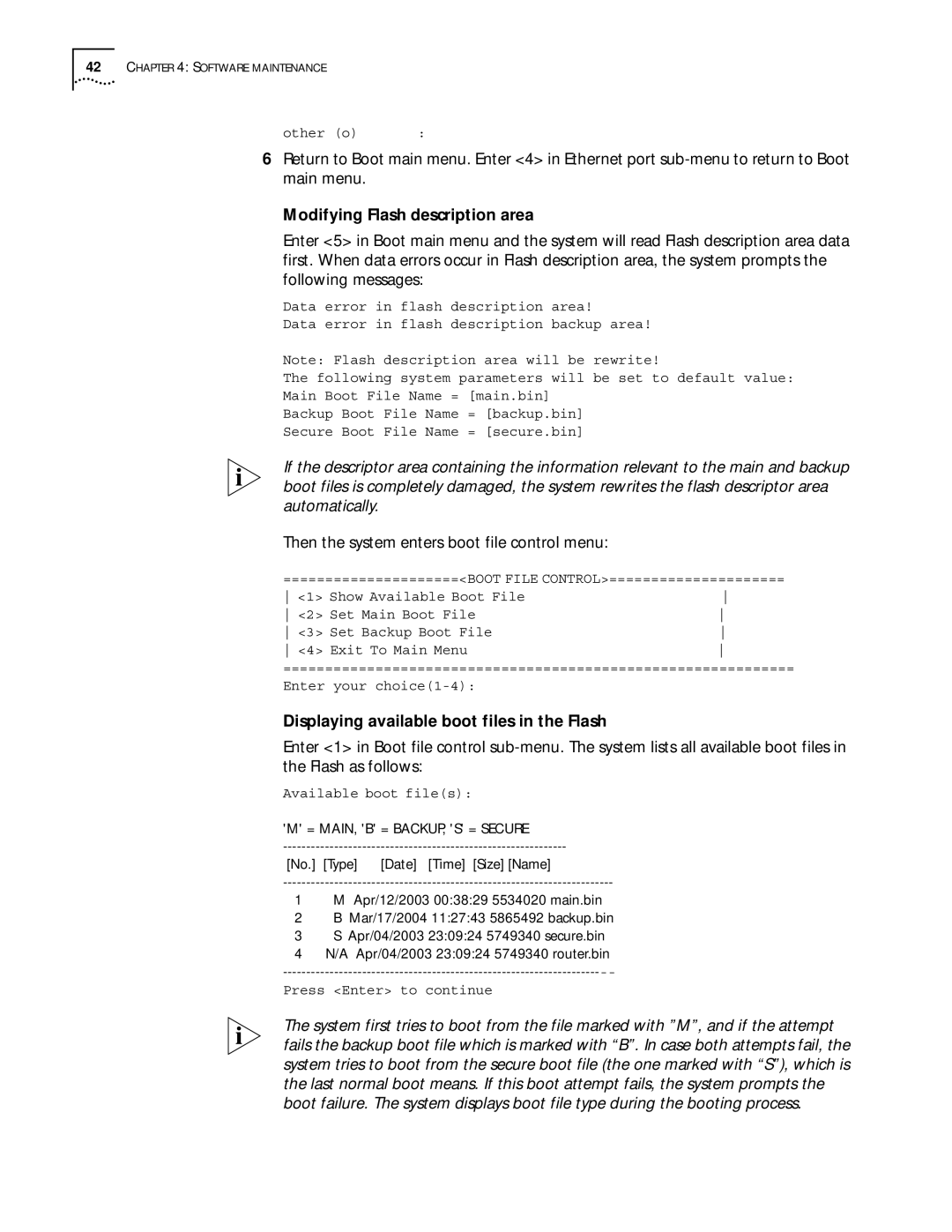 HP 6000 Router manual Modifying Flash description area, Then the system enters boot file control menu 