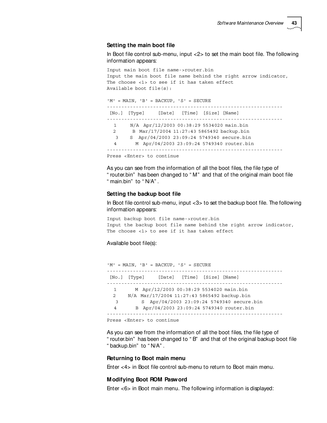 HP 6000 Router Setting the main boot file, Setting the backup boot file, Available boot files, Returning to Boot main menu 