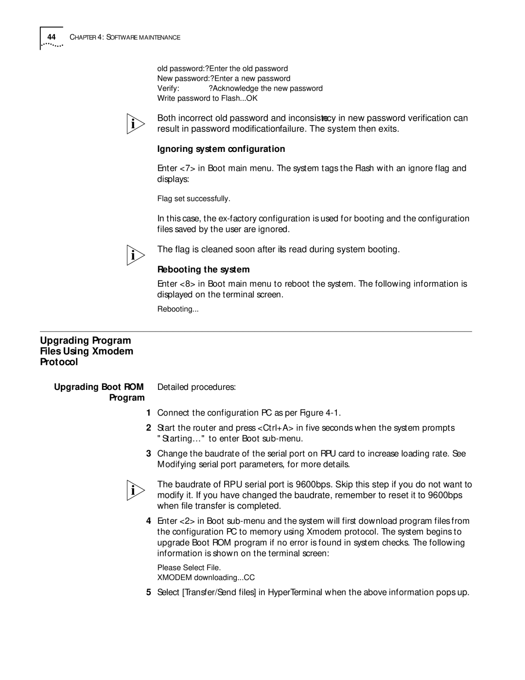 HP 6000 Router manual Upgrading Program Files Using Xmodem Protocol, Ignoring system configuration, Rebooting the system 