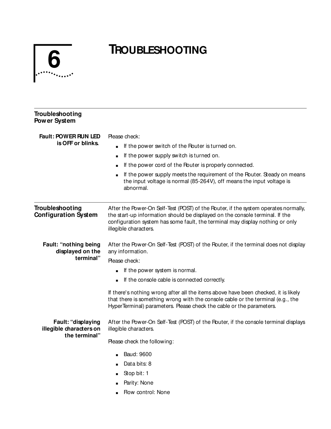 HP 6000 Router manual Troubleshooting Power System, Configuration System 