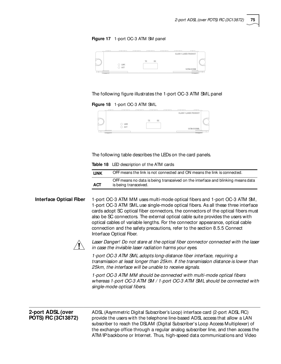 HP 6000 Router manual Port Adsl over, Pots FIC 3C13872, Following figure illustrates the 1-port OC-3 ATM SML panel 