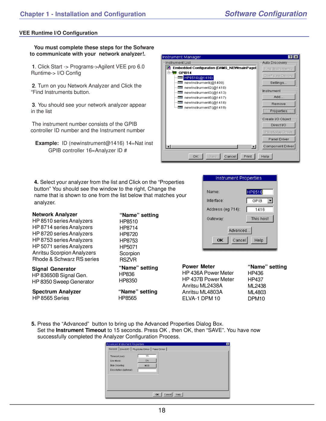 HP 6000 manual Network Analyzer Name setting, Signal Generator Name setting, Spectrum Analyzer Name setting, Power Meter 