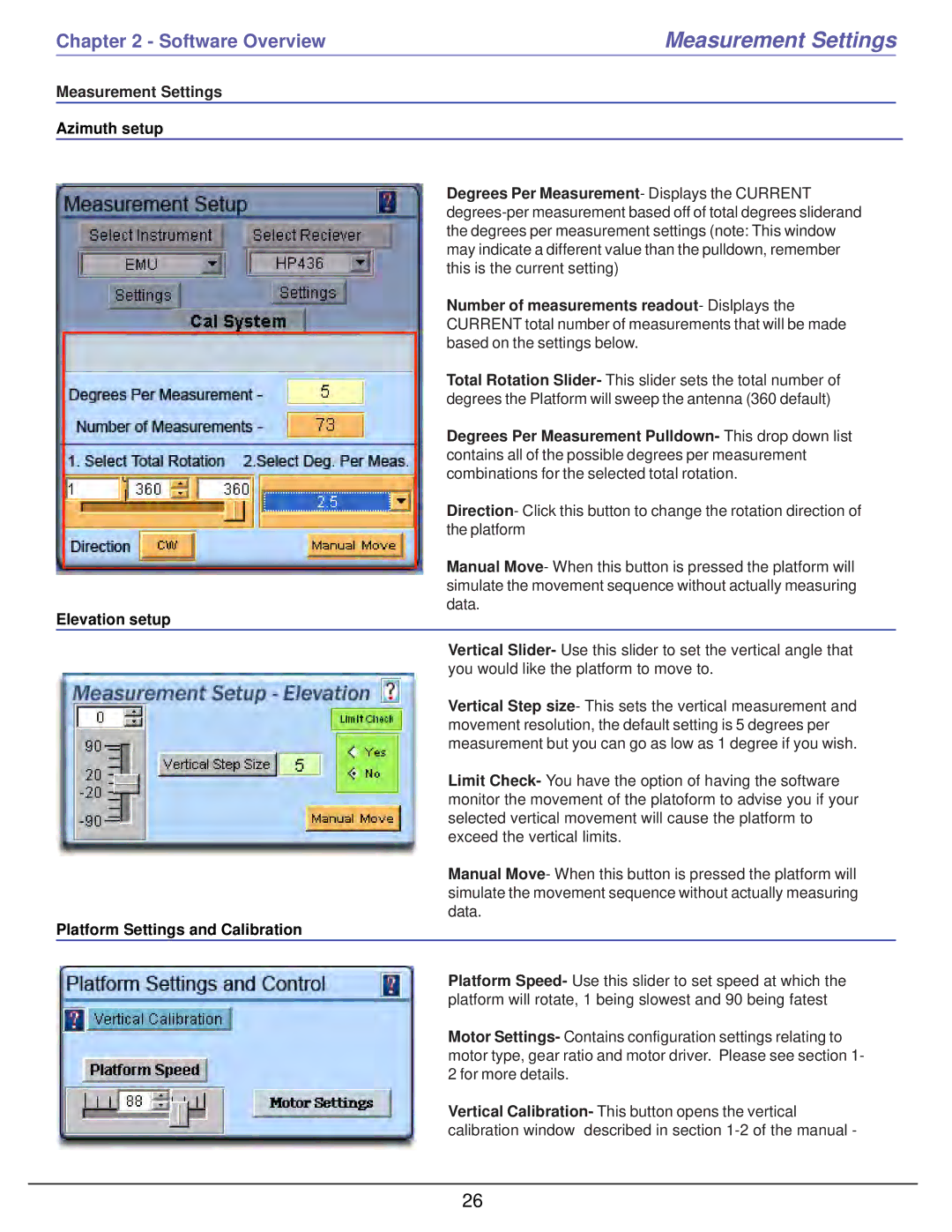 HP 6000 manual Measurement Settings, Azimuth setup, Elevation setup, Platform Settings and Calibration 