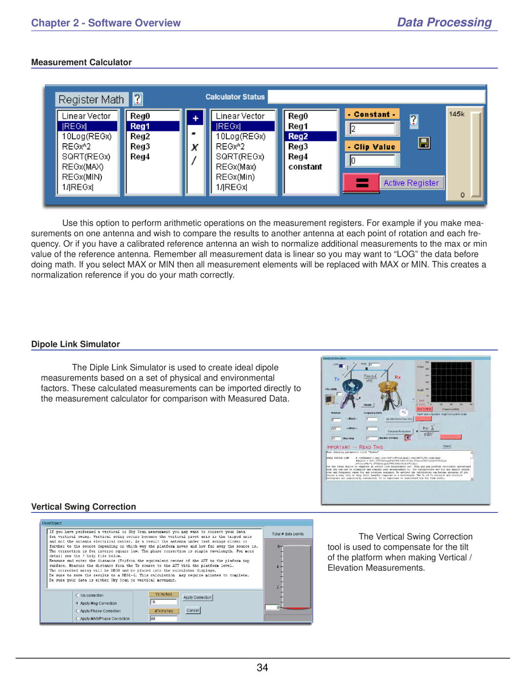 HP 6000 manual Measurement Calculator, Dipole Link Simulator, Vertical Swing Correction 