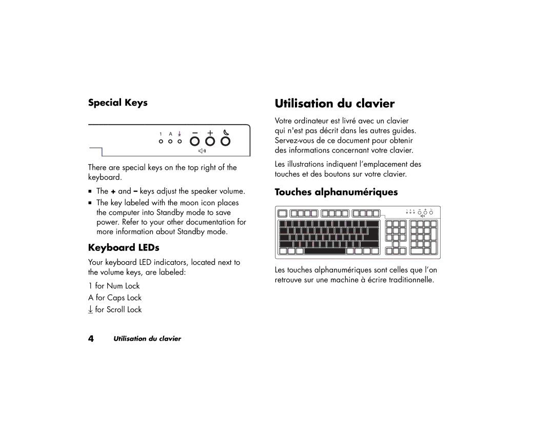 HP 6422SE, 6000Z, 6000T, 6430NX, 6420NX, 6401RSH Utilisation du clavier, Special Keys, Keyboard LEDs, Touches alphanumériques 