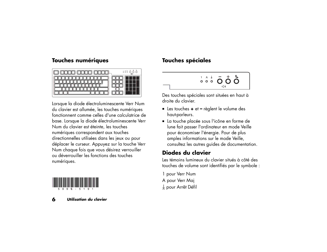 HP 6410NX, 6000Z, 6000T, 6430NX, 6420NX, 6422SE, 6401RSH, 6415CL, 6400NX Touches numériques, Touches spéciales, Diodes du clavier 