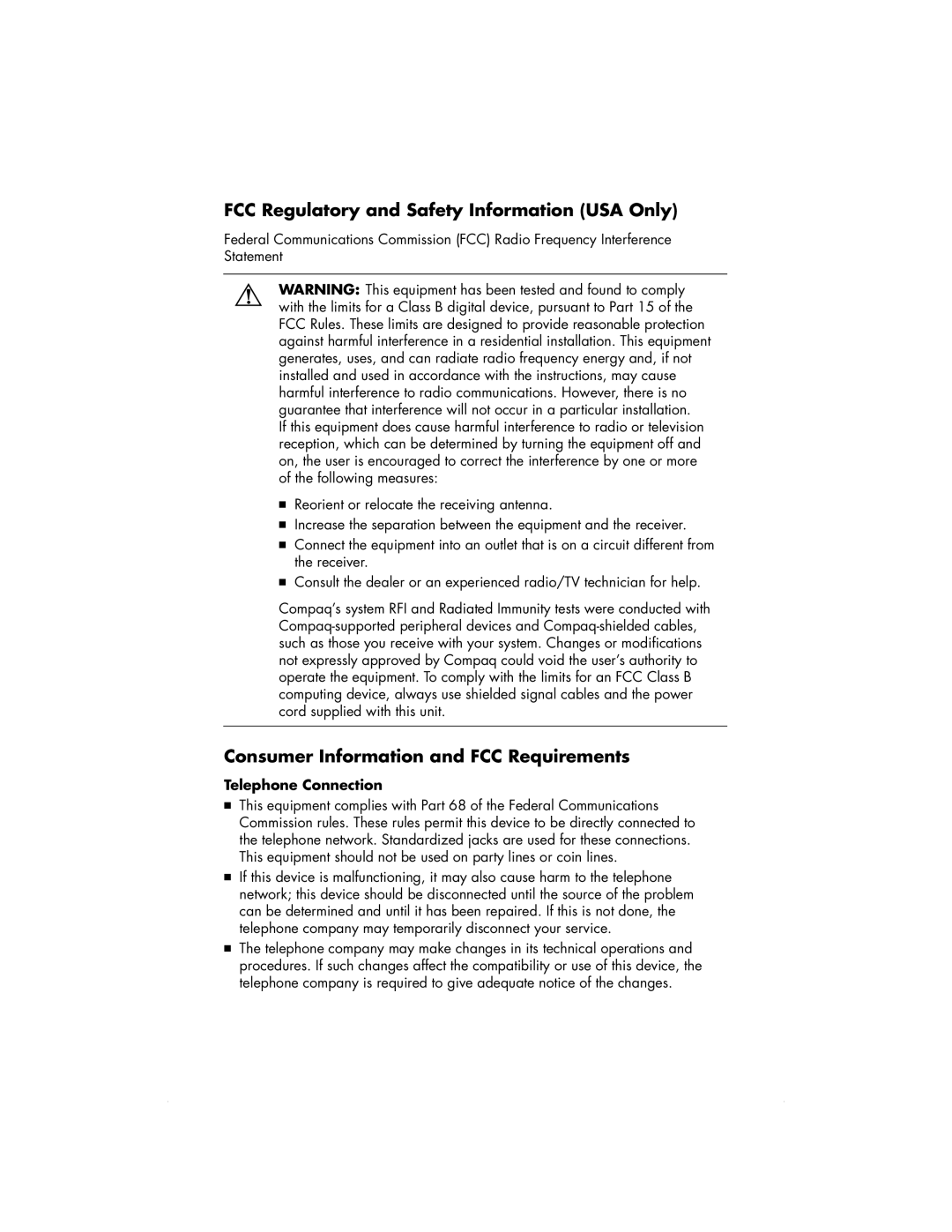 HP 6000Z FCC Regulatory and Safety Information USA Only, Consumer Information and FCC Requirements, Telephone Connection 