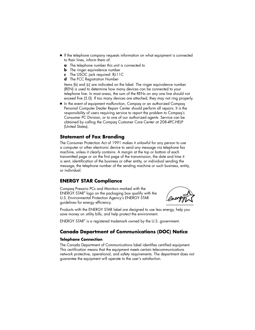 HP 6000T, 6000Z manual Statement of Fax Branding, Energy Star Compliance, Canada Department of Communications DOC Notice 