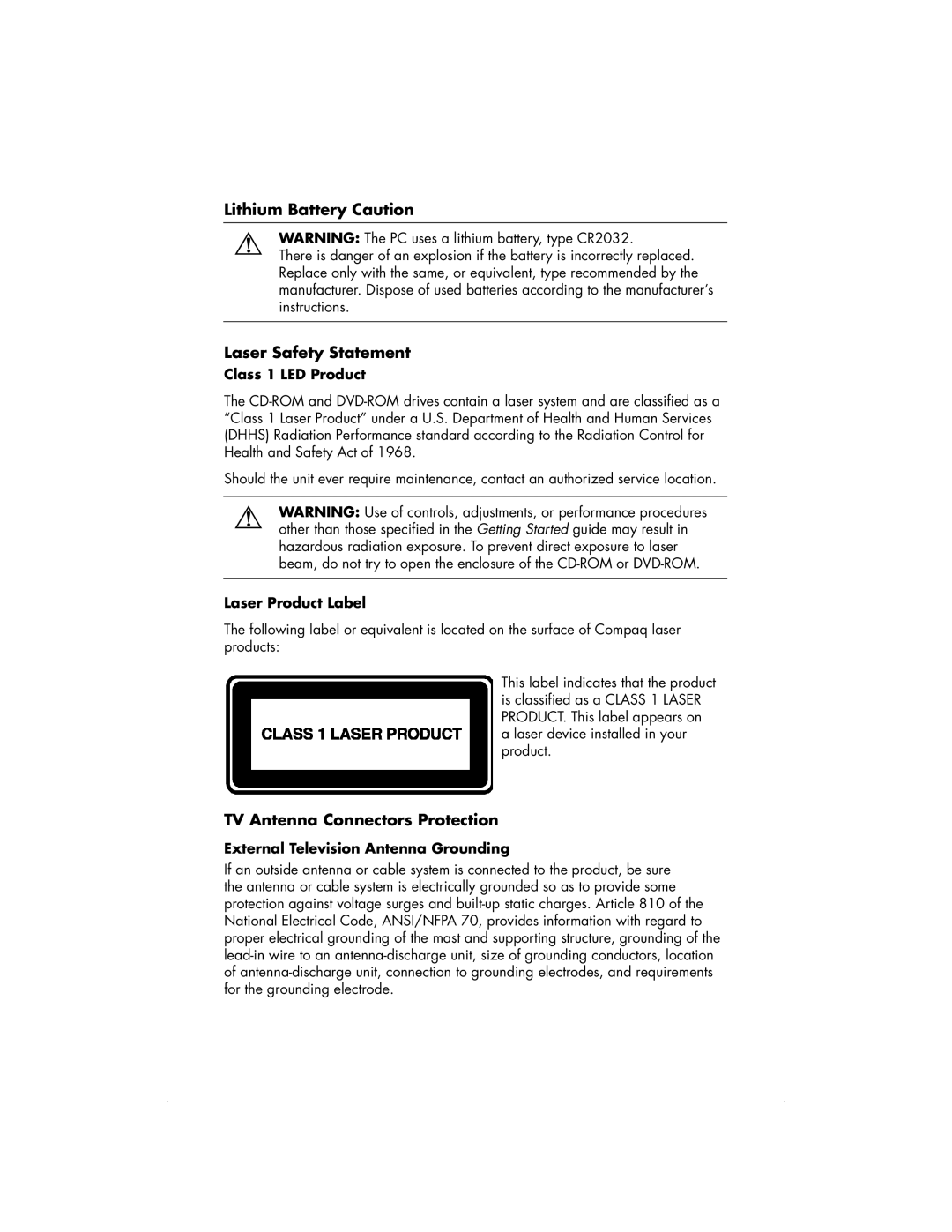 HP 6000Z, 6000T manual Class 1 LED Product, Laser Product Label, External Television Antenna Grounding 