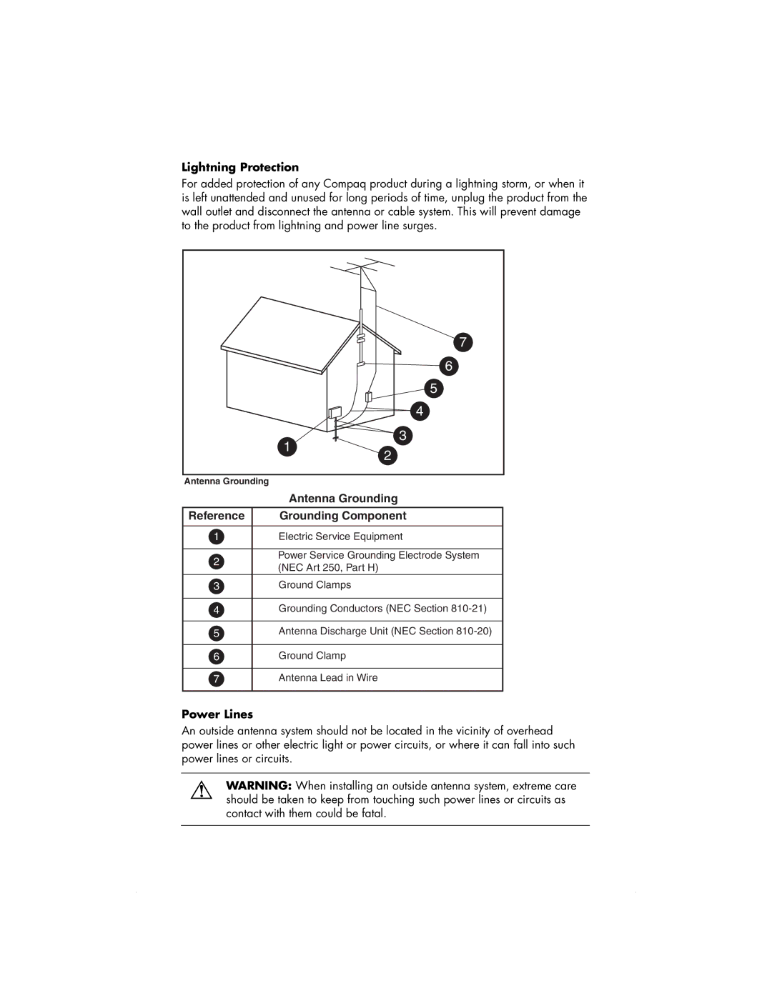 HP 6000T, 6000Z manual Lightning Protection, Antenna Grounding Reference Grounding Component, Power Lines 