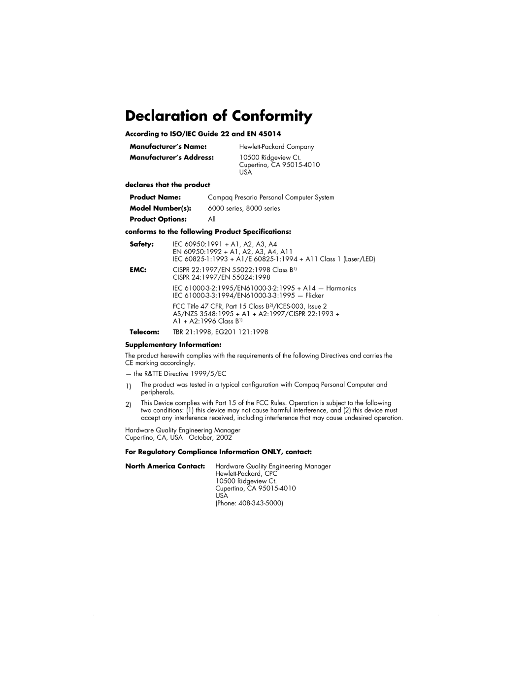 HP 6000T, 6000Z manual Declaration of Conformity 