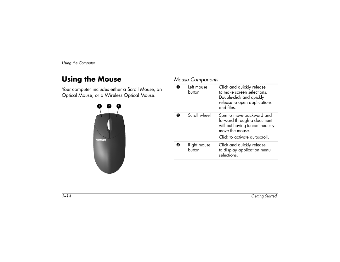 HP 6000Z, 6000T manual Using the Mouse, Mouse Components 