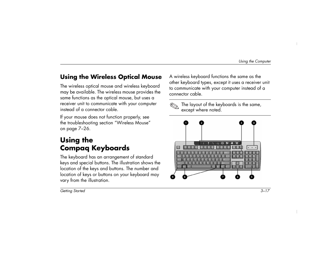 HP 6000T, 6000Z manual Using Compaq Keyboards, Using the Wireless Optical Mouse 