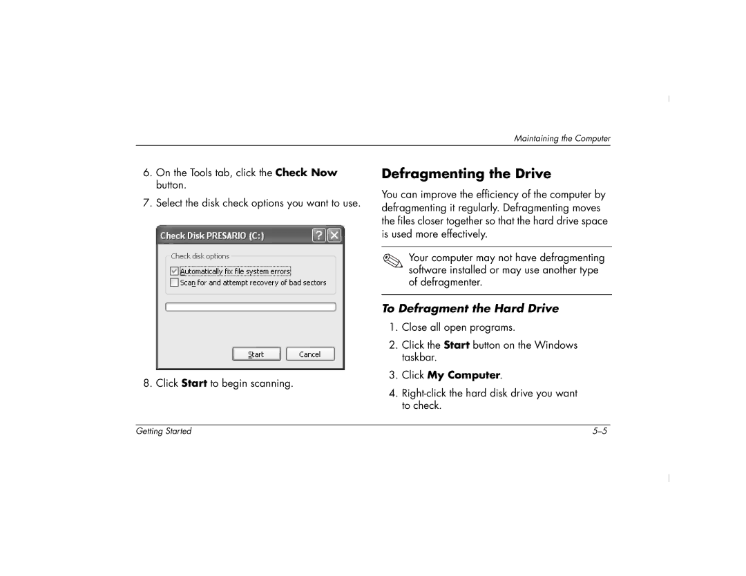 HP 6000T, 6000Z manual Defragmenting the Drive, To Defragment the Hard Drive 