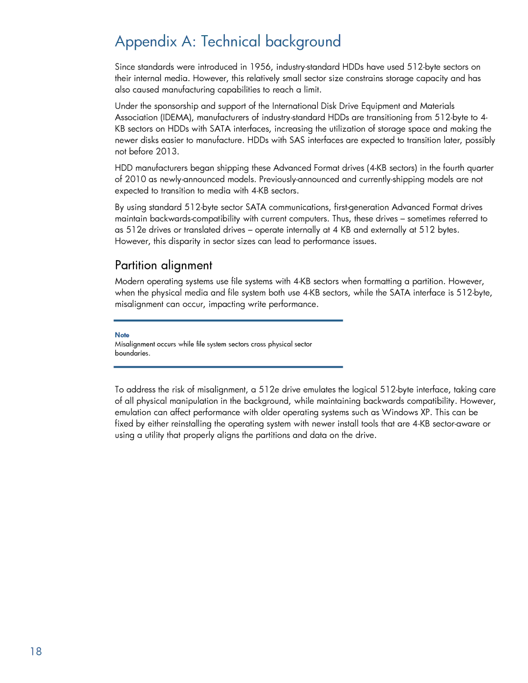 HP 6005 Pro manual Appendix a Technical background, Partition alignment 