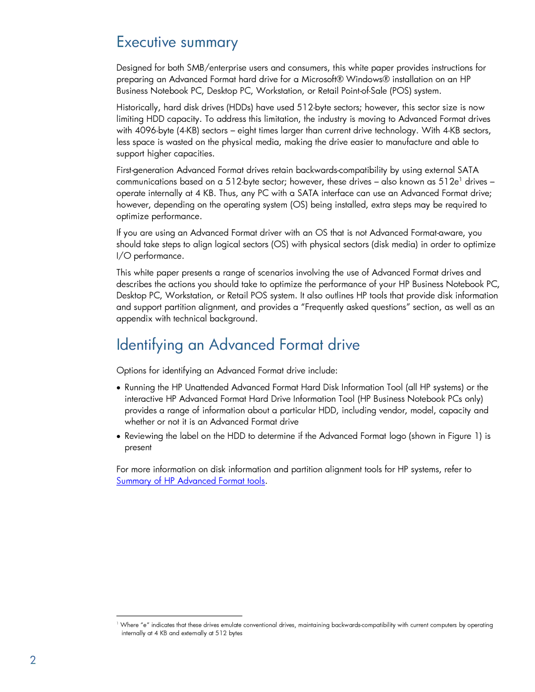 HP 6005 Pro manual Executive summary, Identifying an Advanced Format drive 