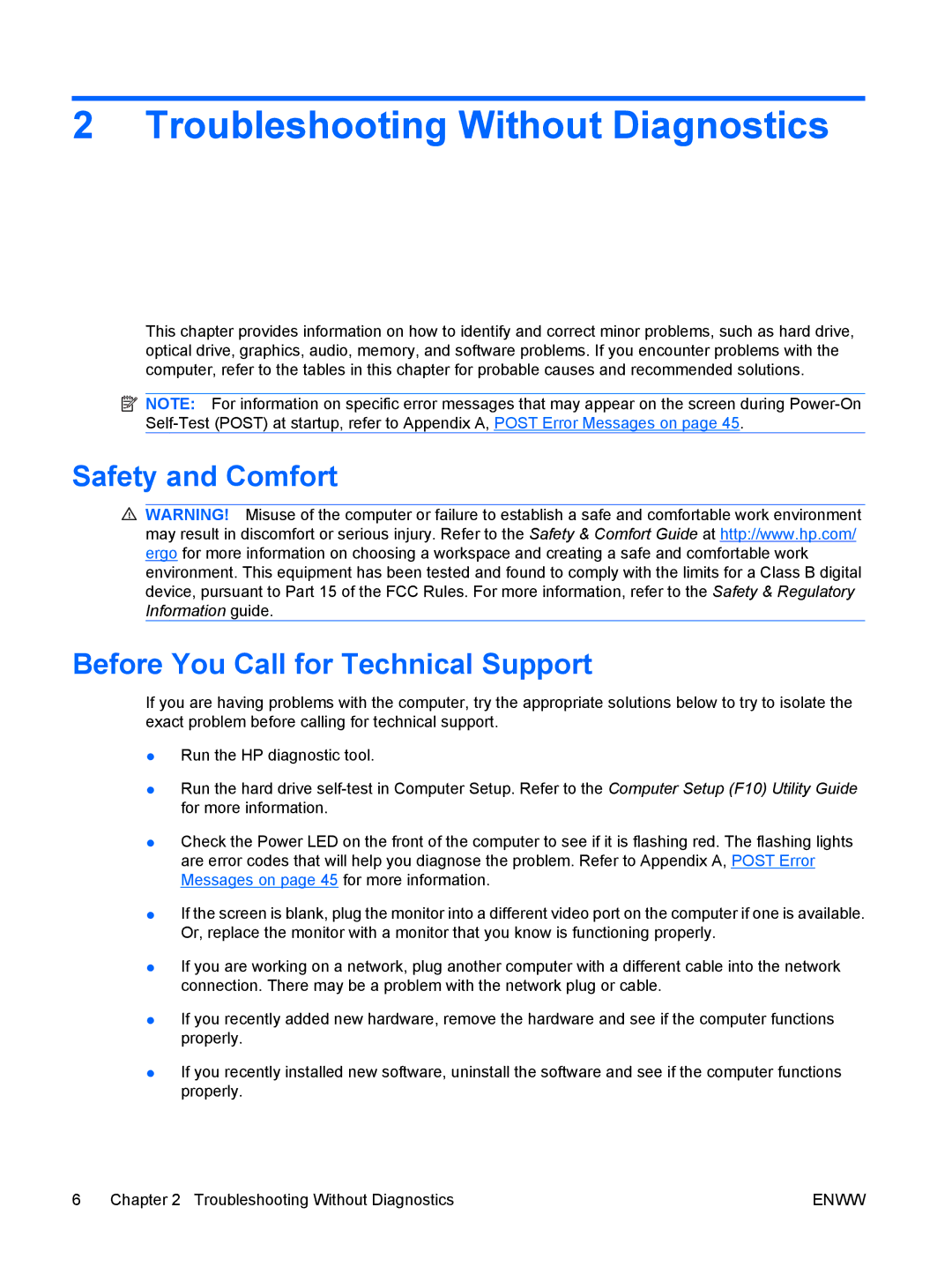 HP 6005 Pro manual Troubleshooting Without Diagnostics, Safety and Comfort Before You Call for Technical Support 