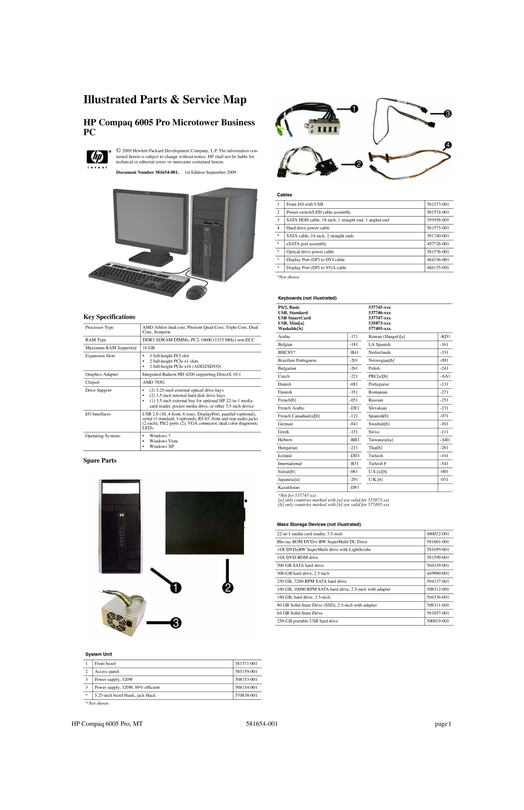 HP 6005 Pro manual Key Specifications, Spare Parts 