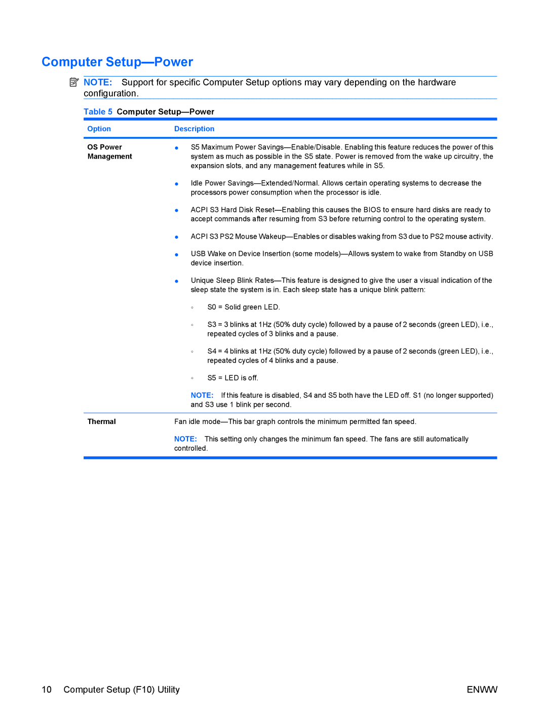 HP 6005 Pro manual Computer Setup-Power, OS Power, Management, Thermal 