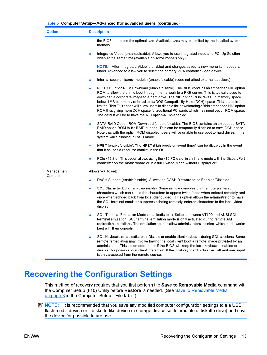 HP 6005 Pro manual Recovering the Configuration Settings 