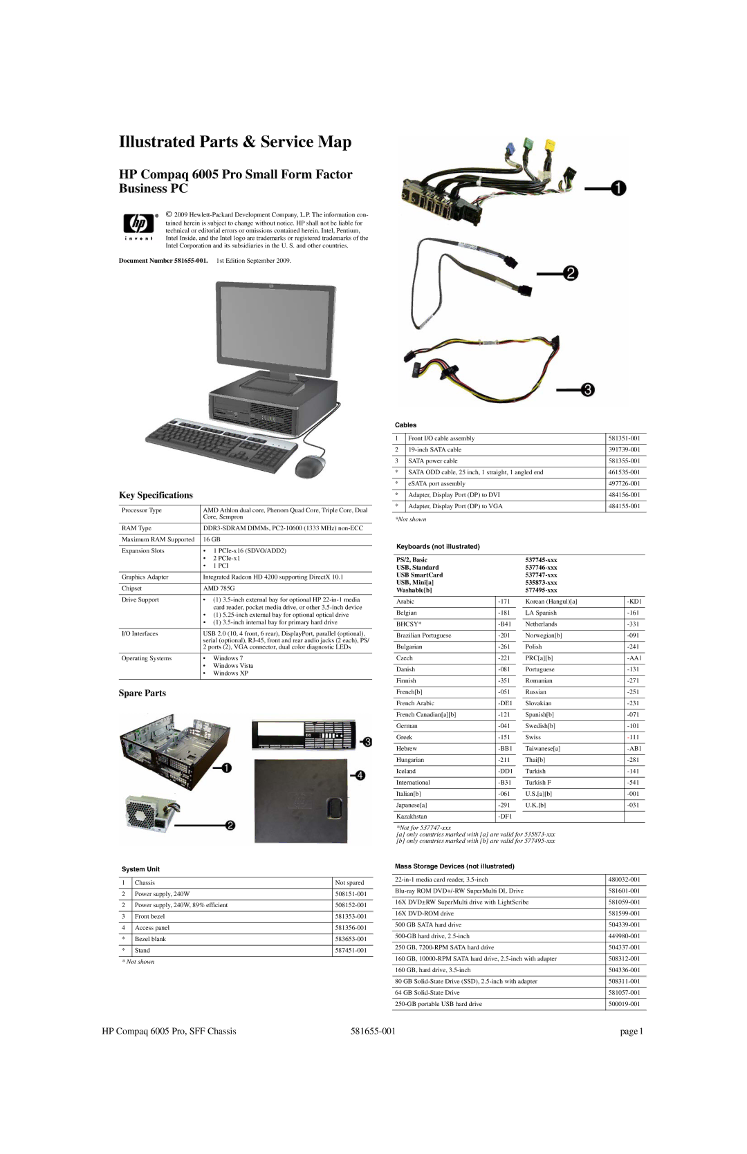 HP 6005 Pro manual Key Specifications, Spare Parts 