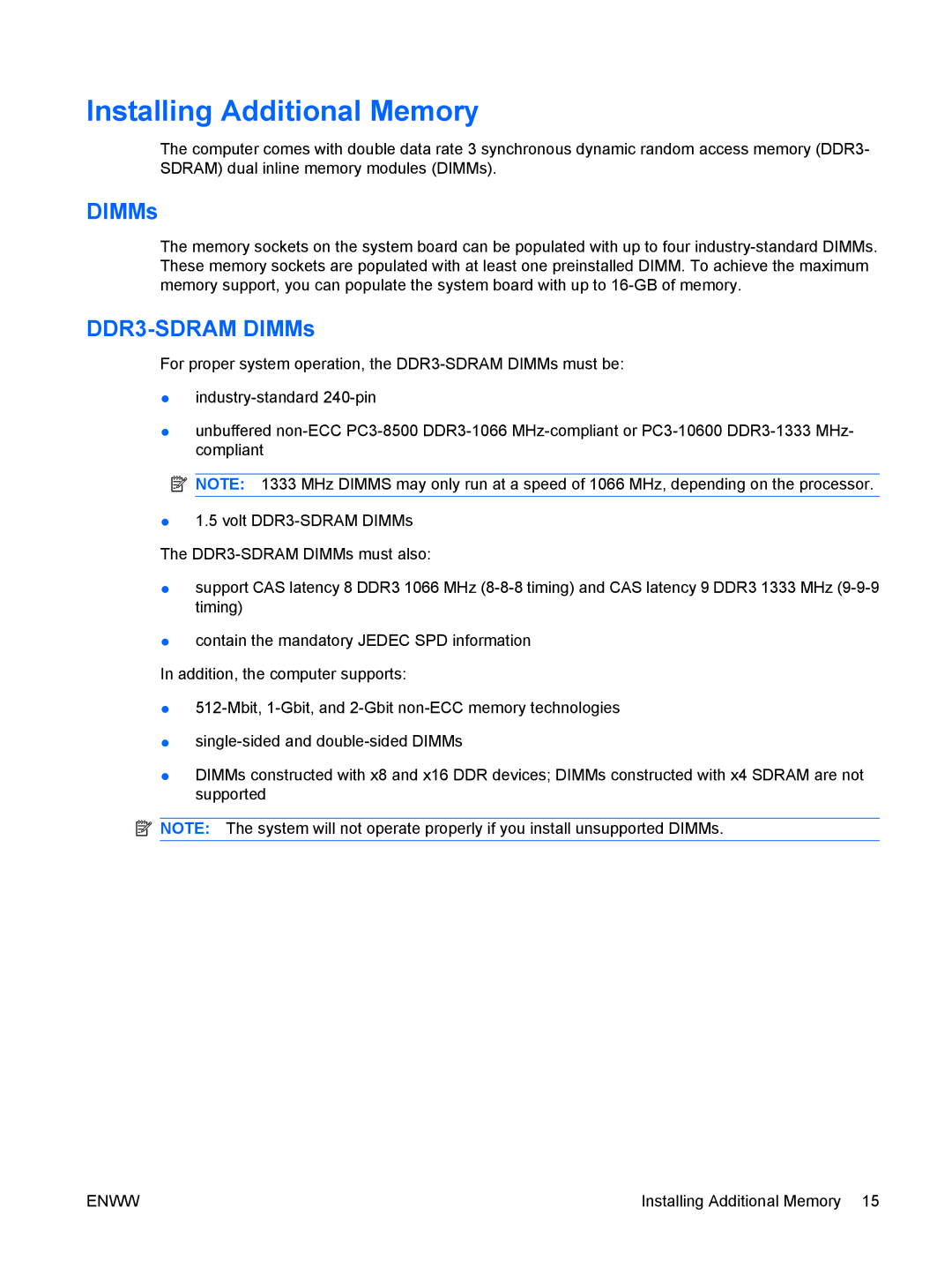 HP 6005 Pro manual Installing Additional Memory, DDR3-SDRAM DIMMs 