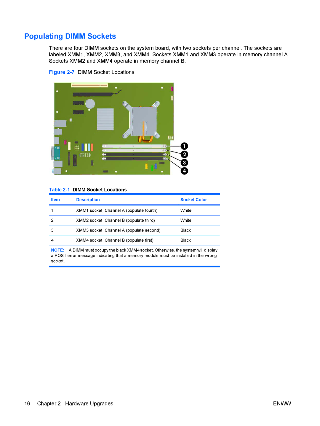 HP 6005 Pro manual Populating Dimm Sockets, 1DIMM Socket Locations 