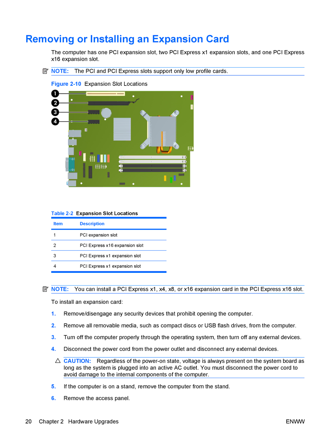 HP 6005 Pro manual Removing or Installing an Expansion Card, 2Expansion Slot Locations 