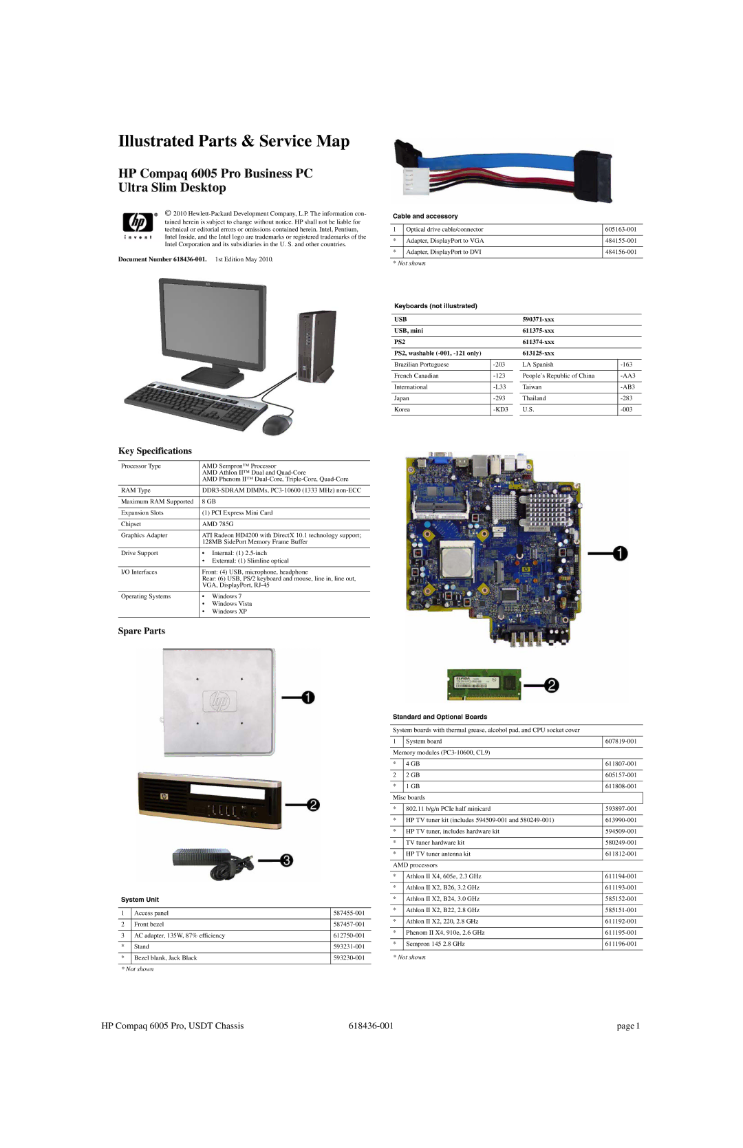 HP 6005 Pro manual Key Specifications, Spare Parts 