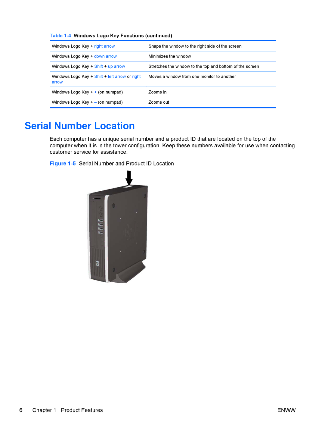 HP 6005 Pro manual Serial Number Location, 5Serial Number and Product ID Location Product Features 