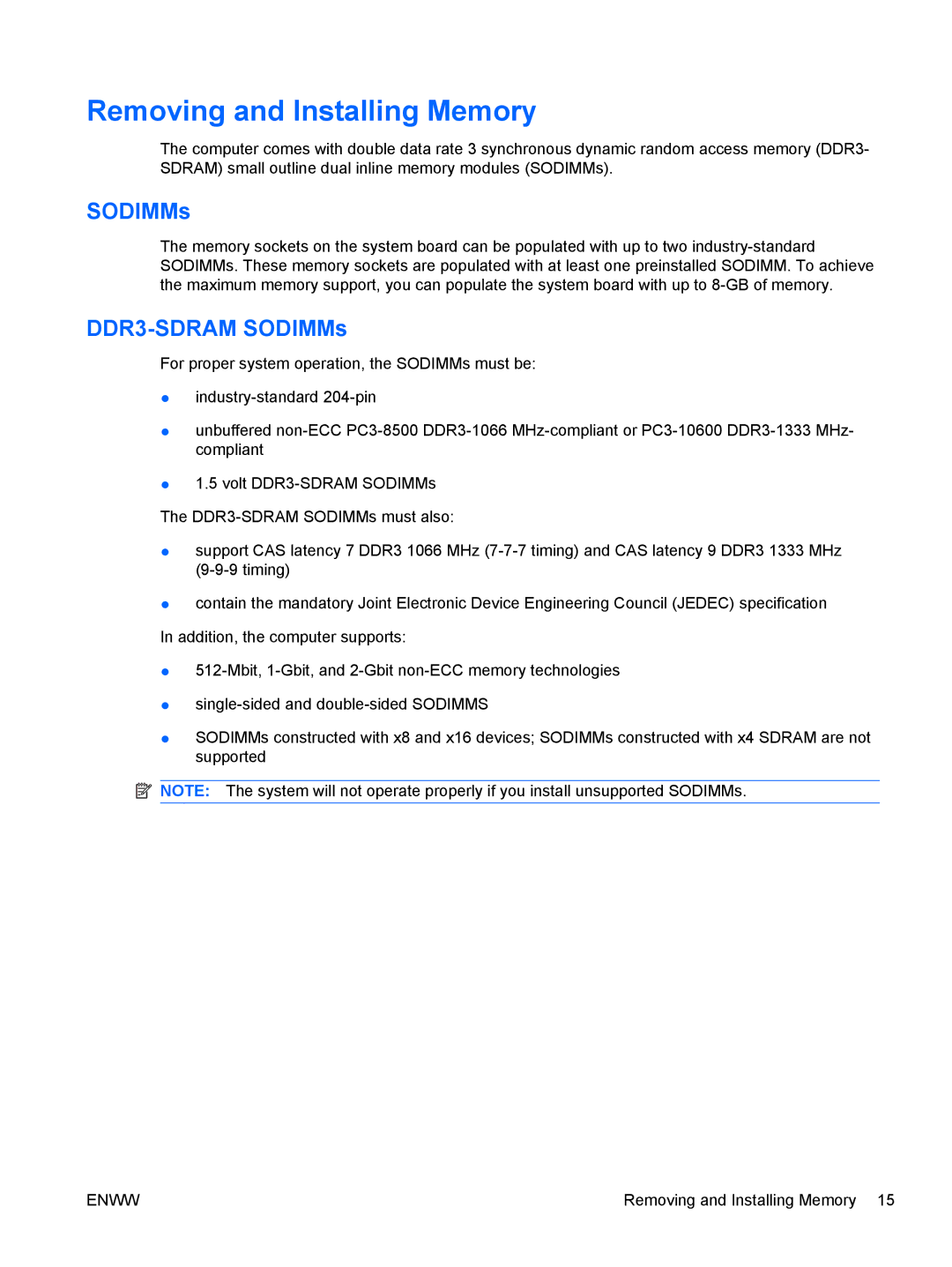 HP 6005 Pro manual Removing and Installing Memory, DDR3-SDRAM SODIMMs 