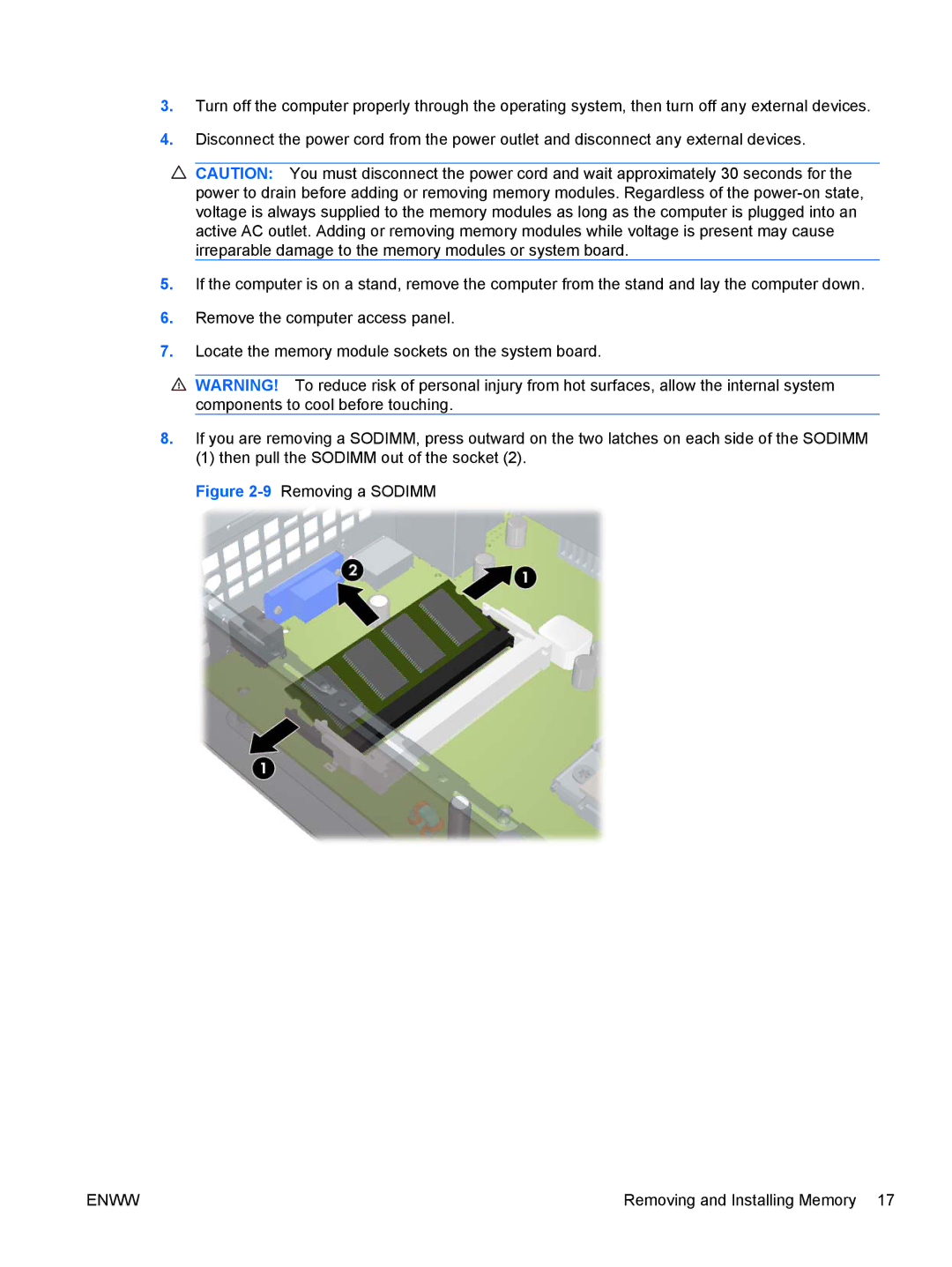 HP 6005 Pro manual 9Removing a Sodimm 